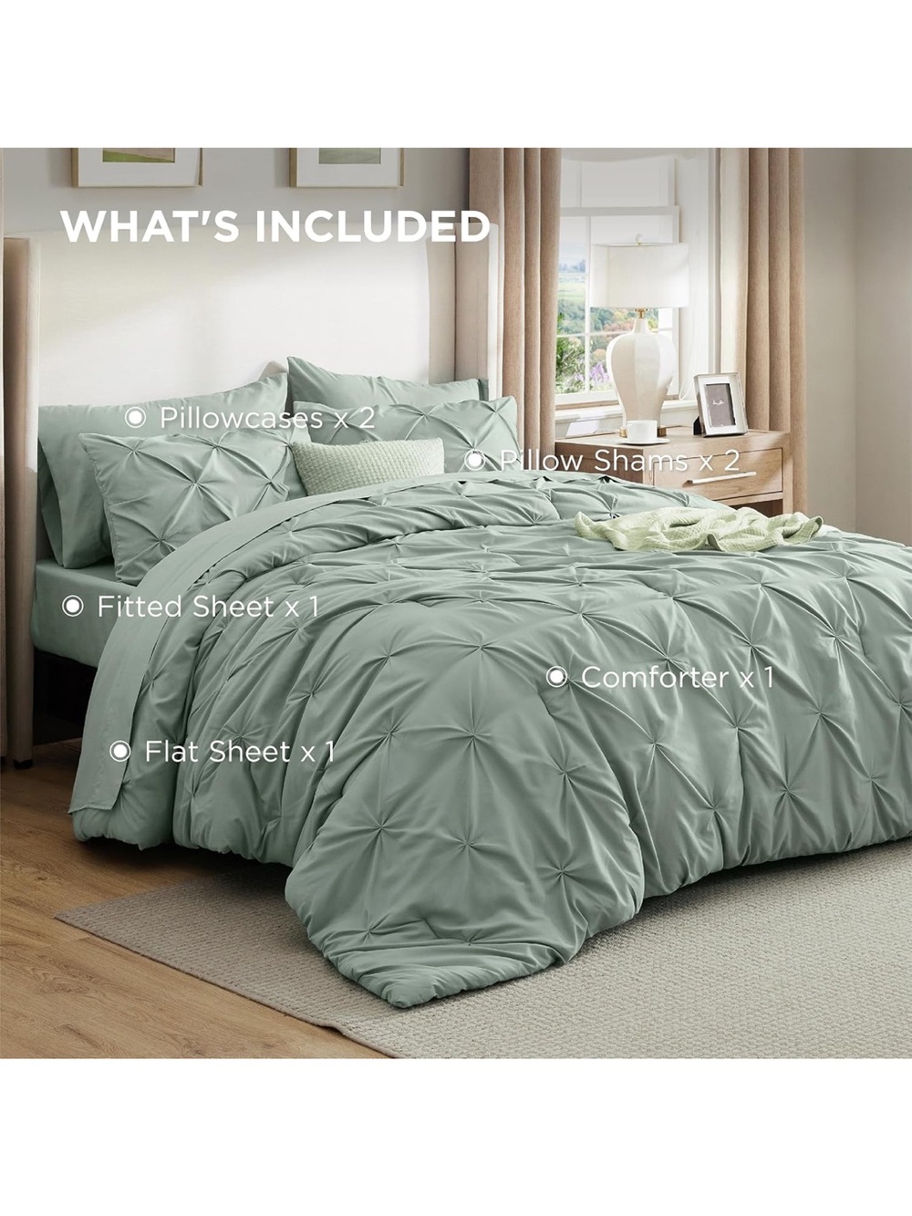 Pleated Comforter Set in Sage Green - 6-Piece Bedding Ensemble